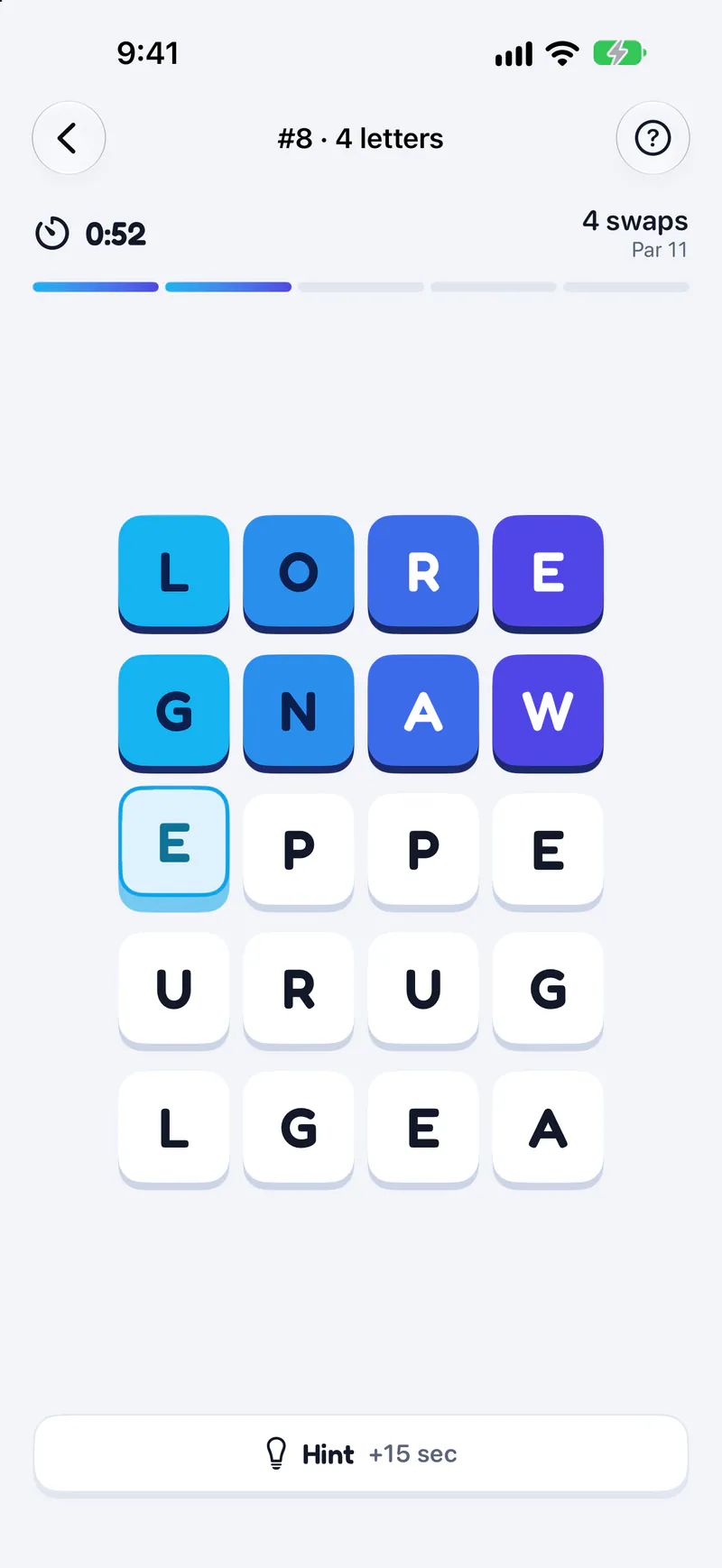 Anagrid on a phone: Swap letters until every row spells a word