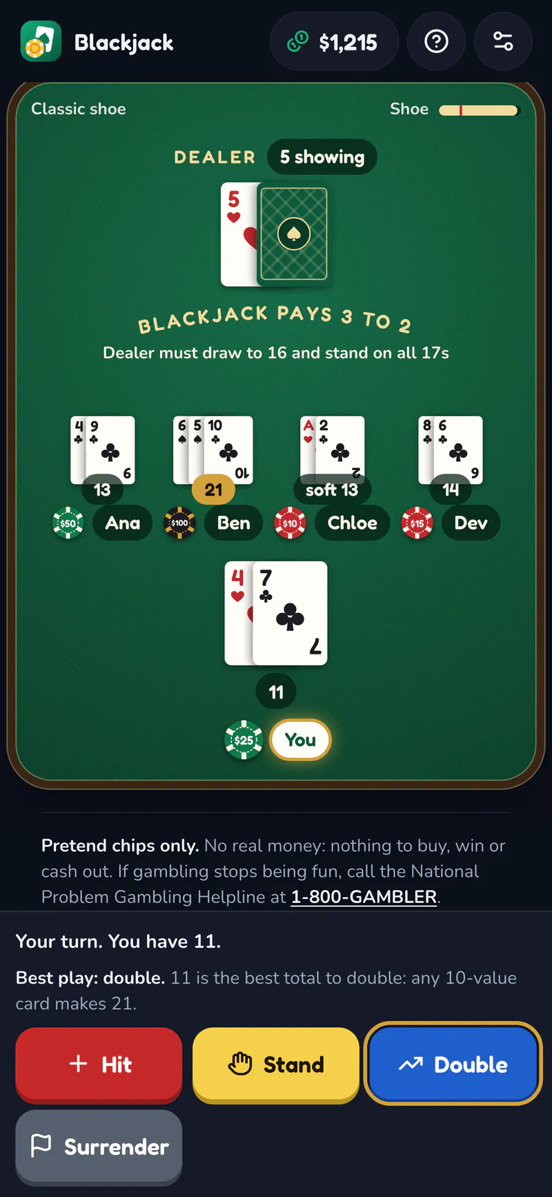Blackjack on a phone: The table on a phone