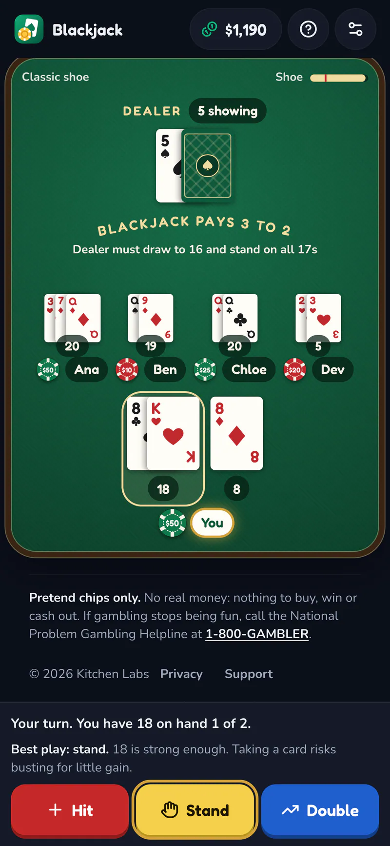 Blackjack on a phone: Splitting a pair