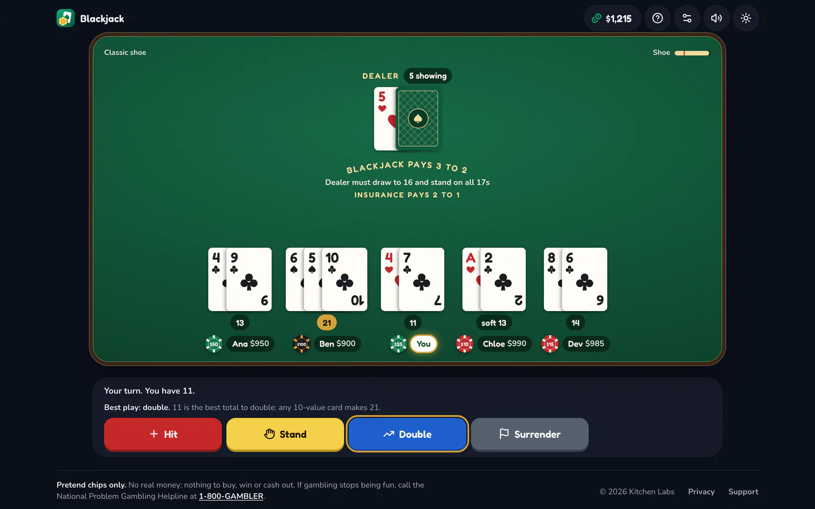 Blackjack on a laptop: Your turn, with the best play shown
