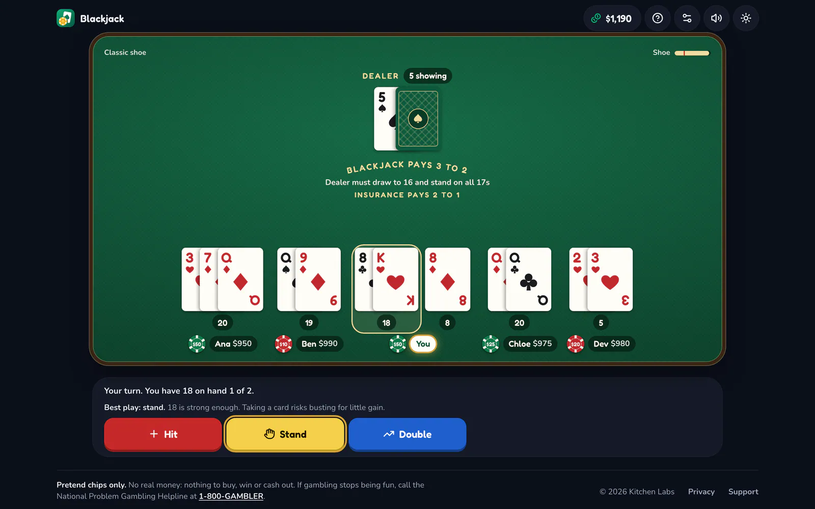 Blackjack on a laptop: Split a pair into two hands