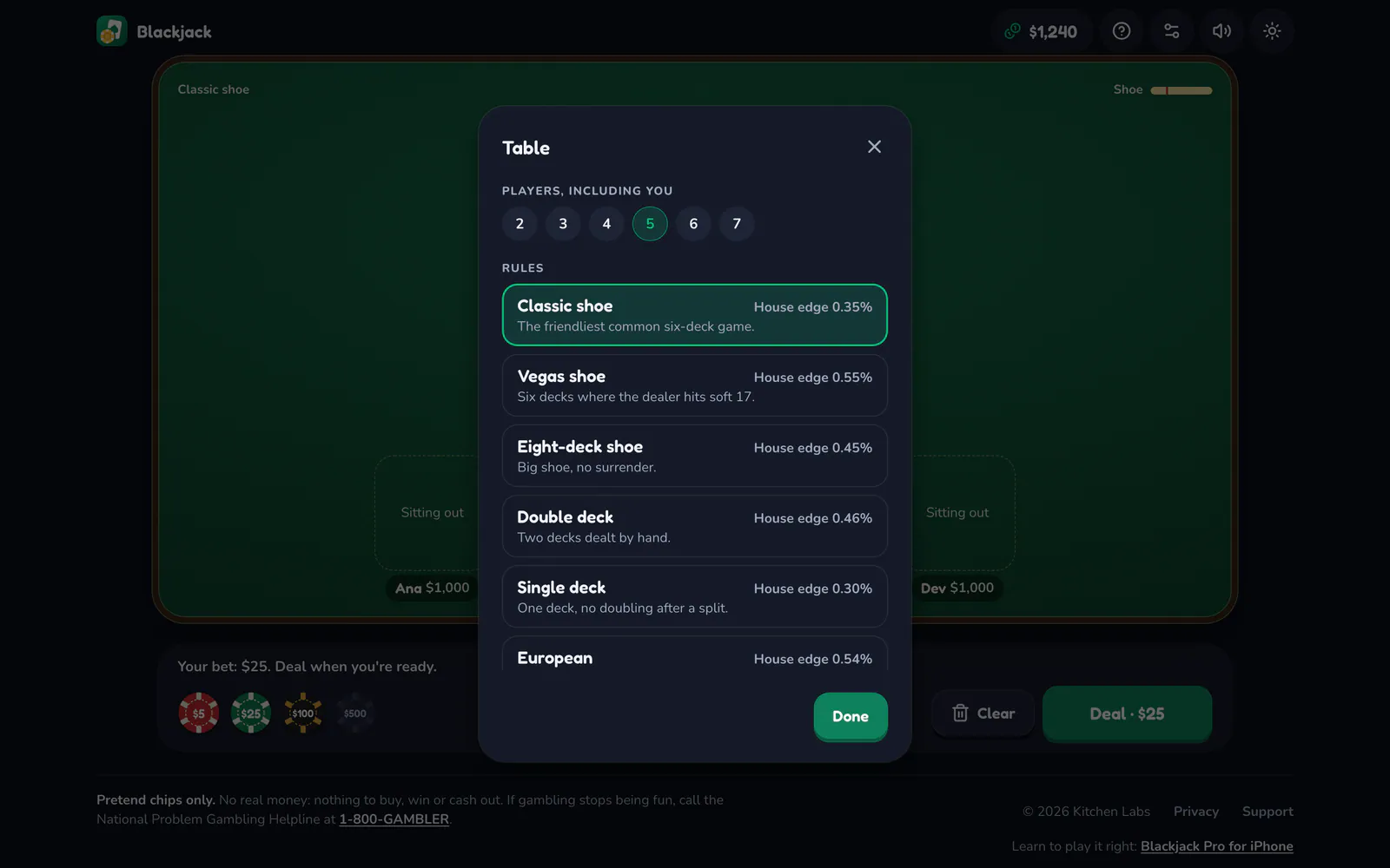 Blackjack on a laptop: Pick the table rules and number of seats