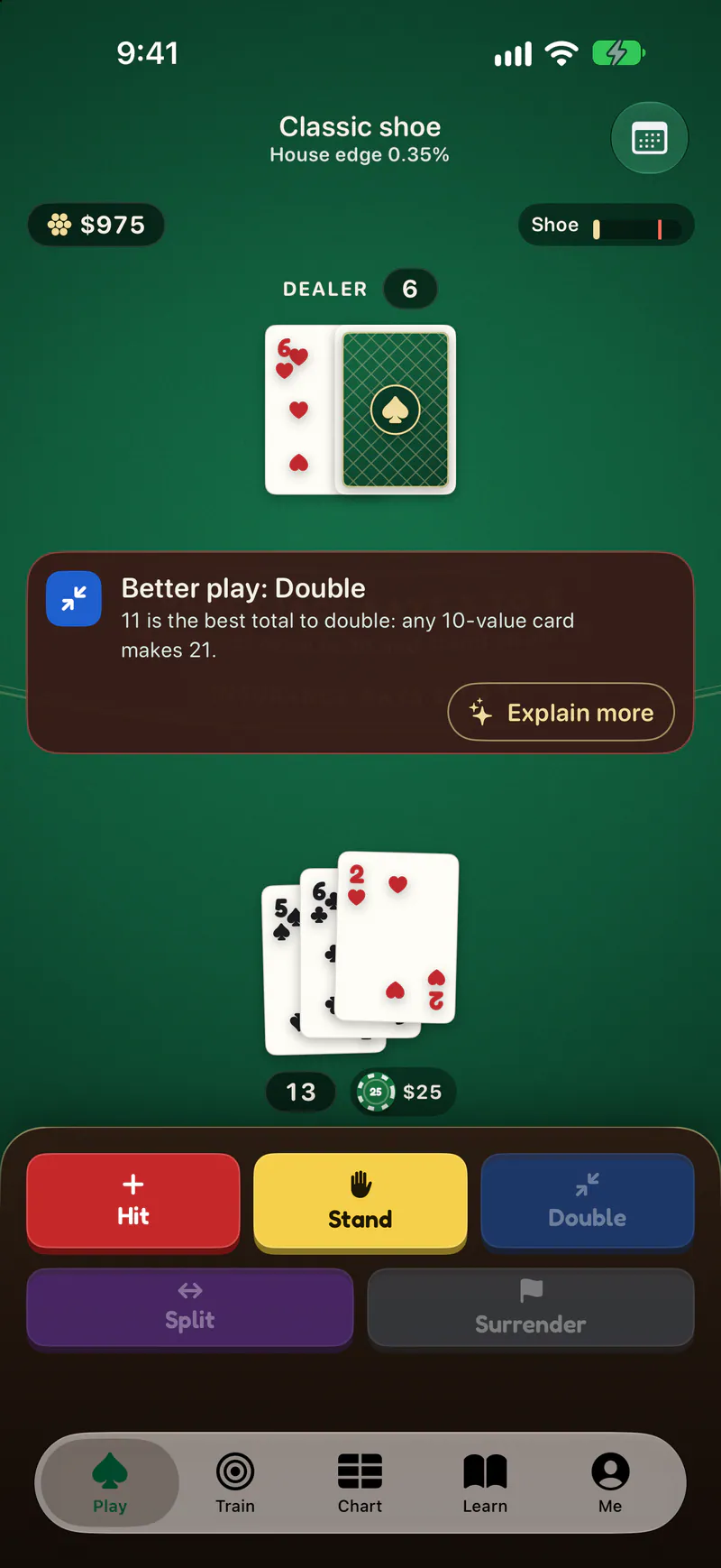 Blackjack Pro on a phone: Every decision graded, with the better play explained