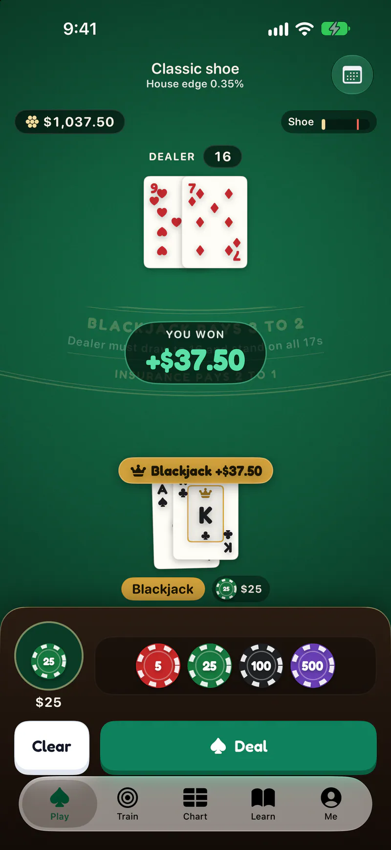 Blackjack Pro on a phone: A real table with chips and a six-deck shoe