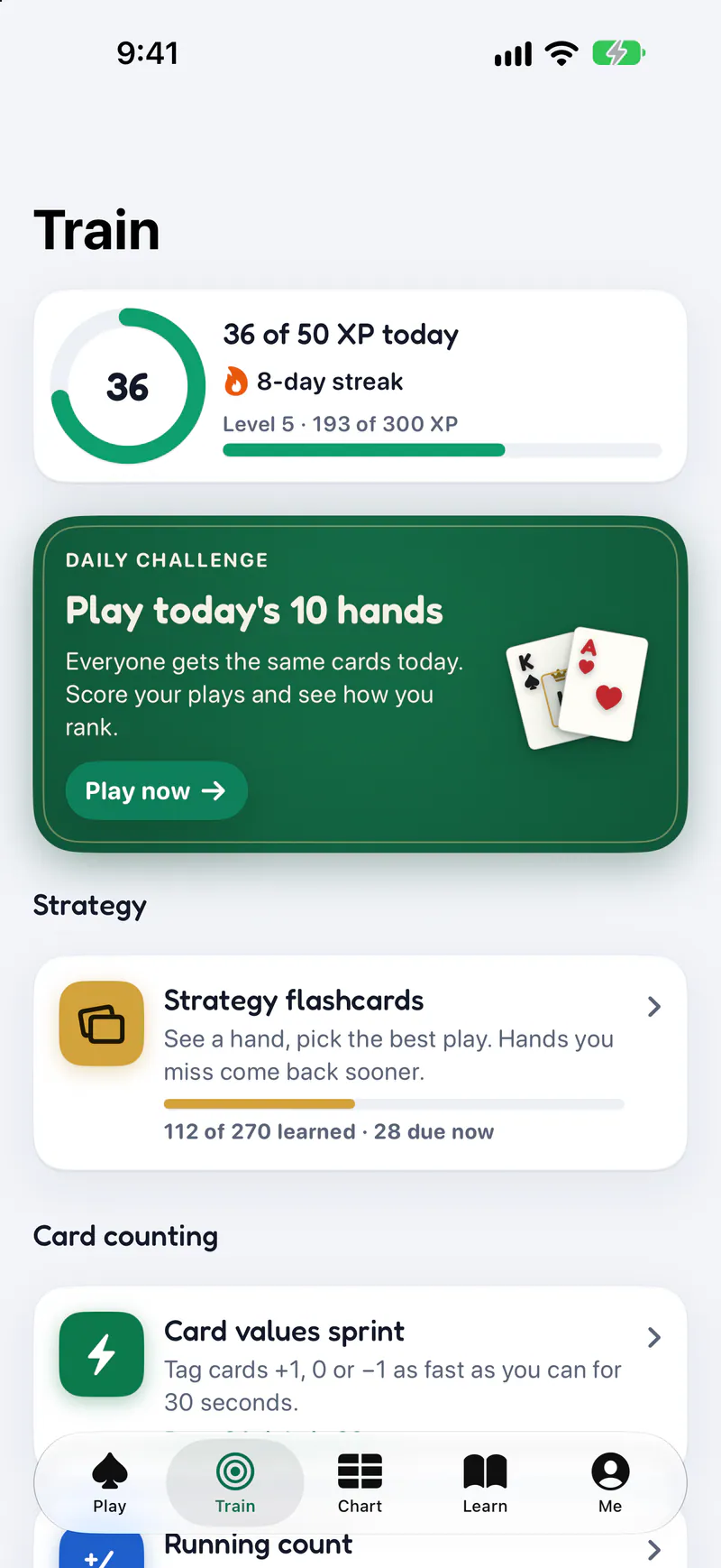 Blackjack Pro on a phone: Daily drills and a streak