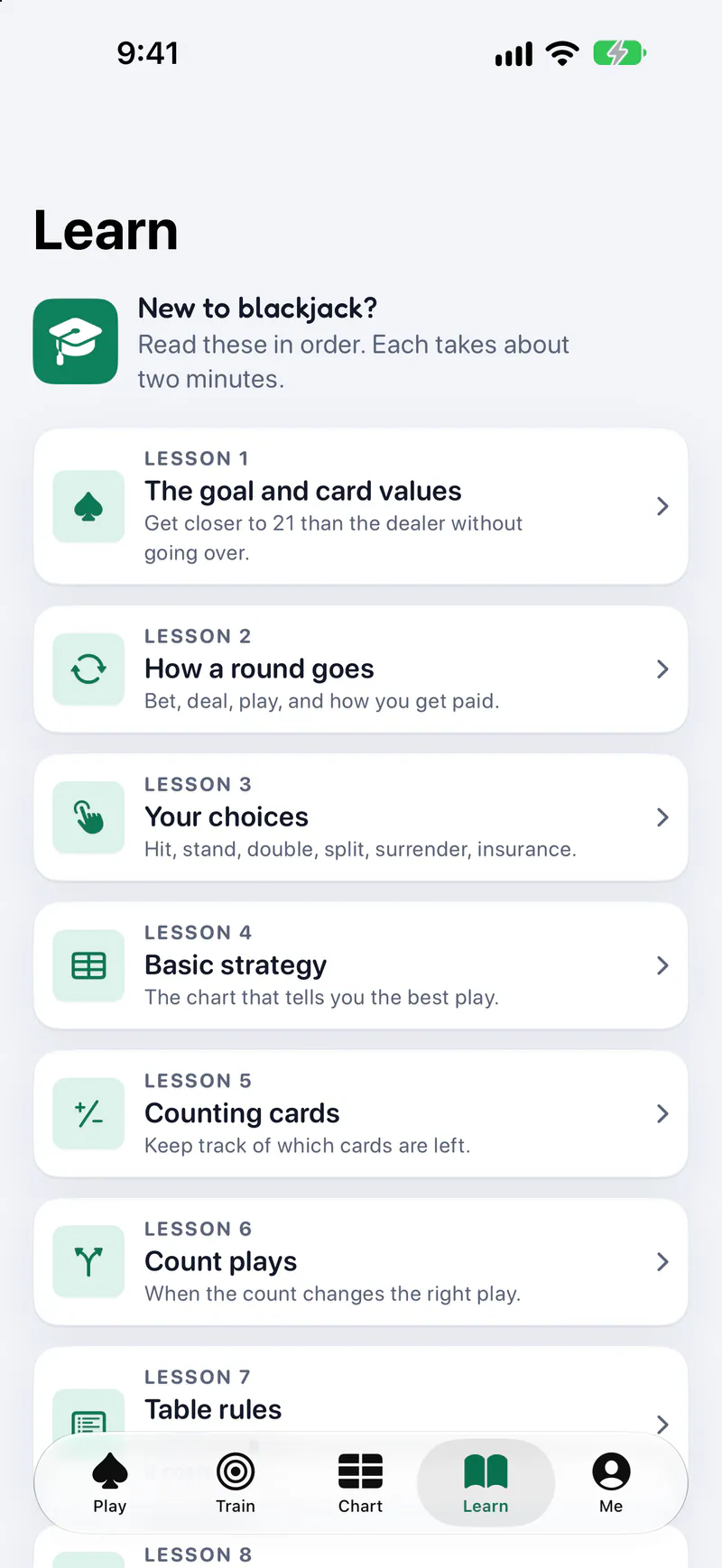 Blackjack Pro on a phone: Short lessons, from card values to counting