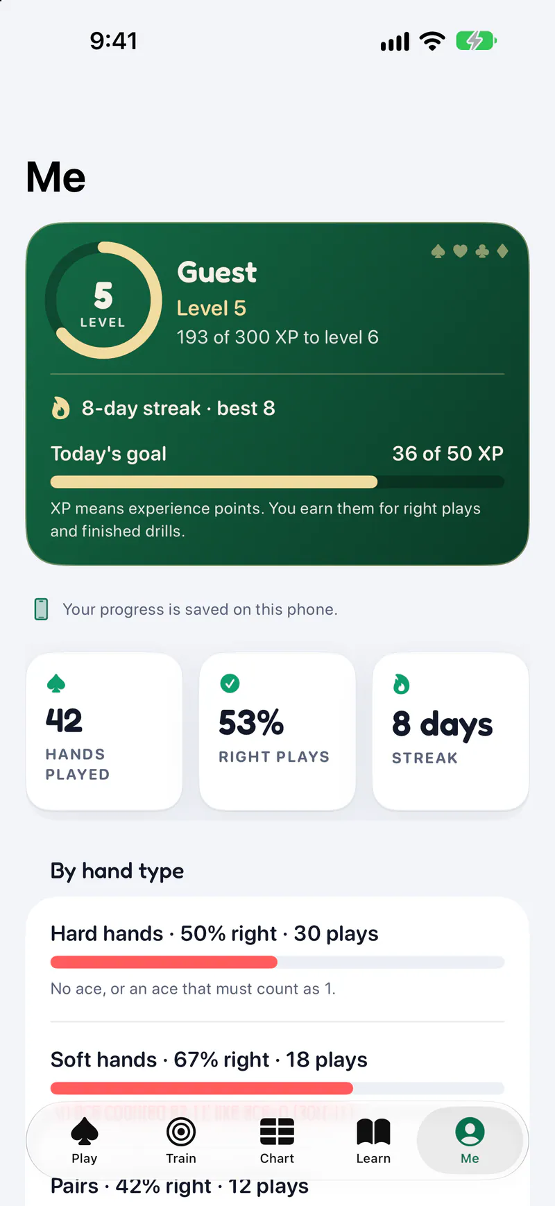 Blackjack Pro on a phone: Your accuracy by hand type