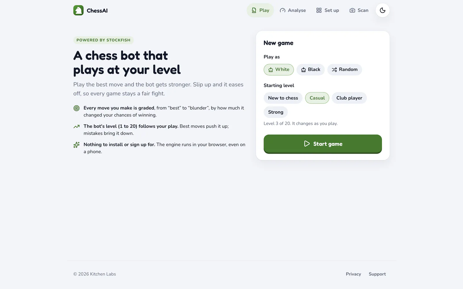 ChessAI on a laptop: Choose your colour and starting level