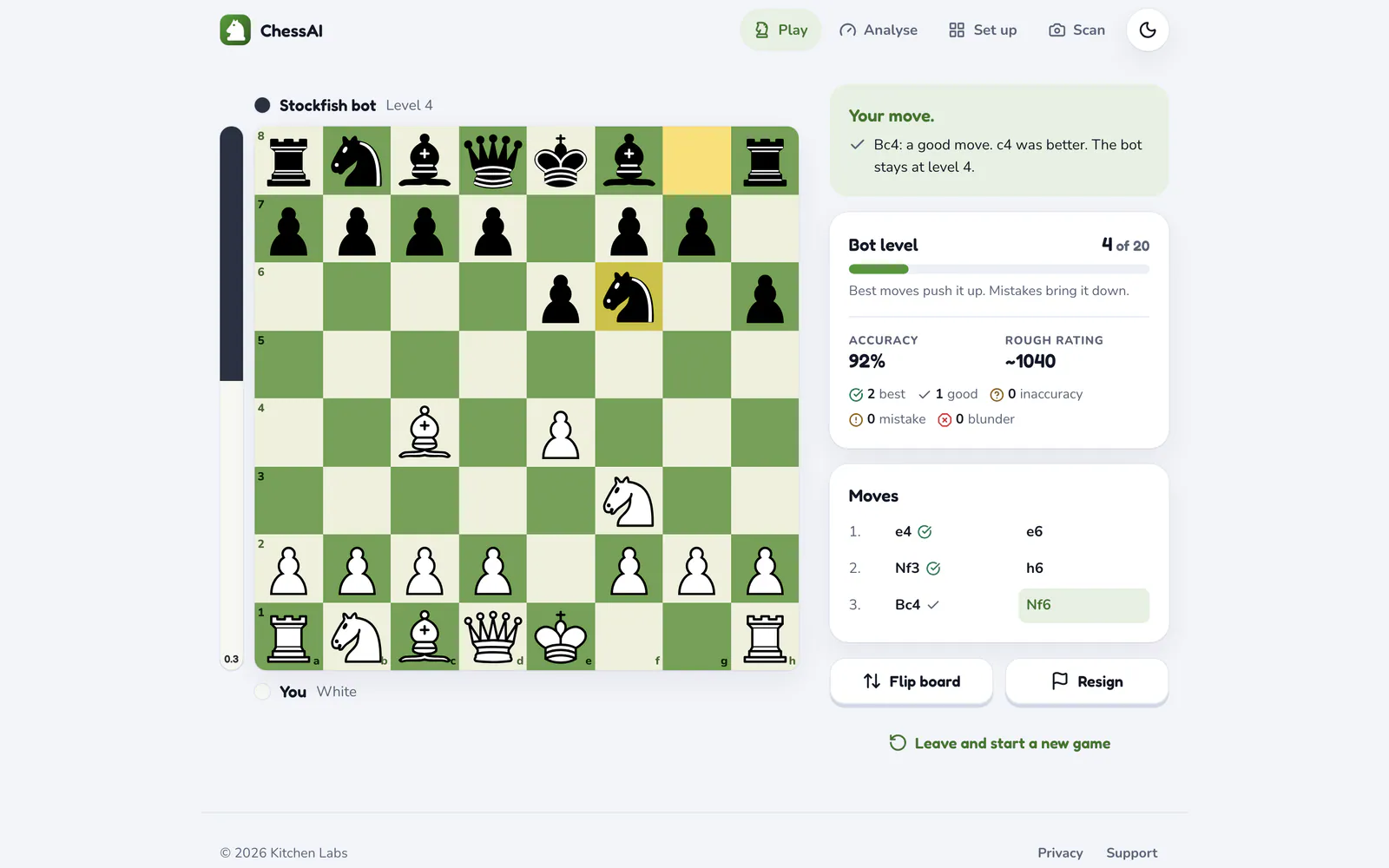 ChessAI on a laptop: A game against the bot, with every move graded