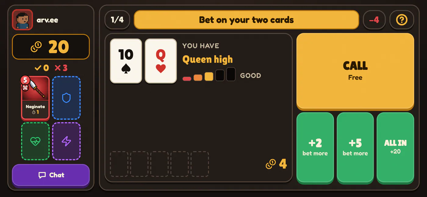 Chiquitos: Ukiyo on a phone held sideways: Bet on your two cards