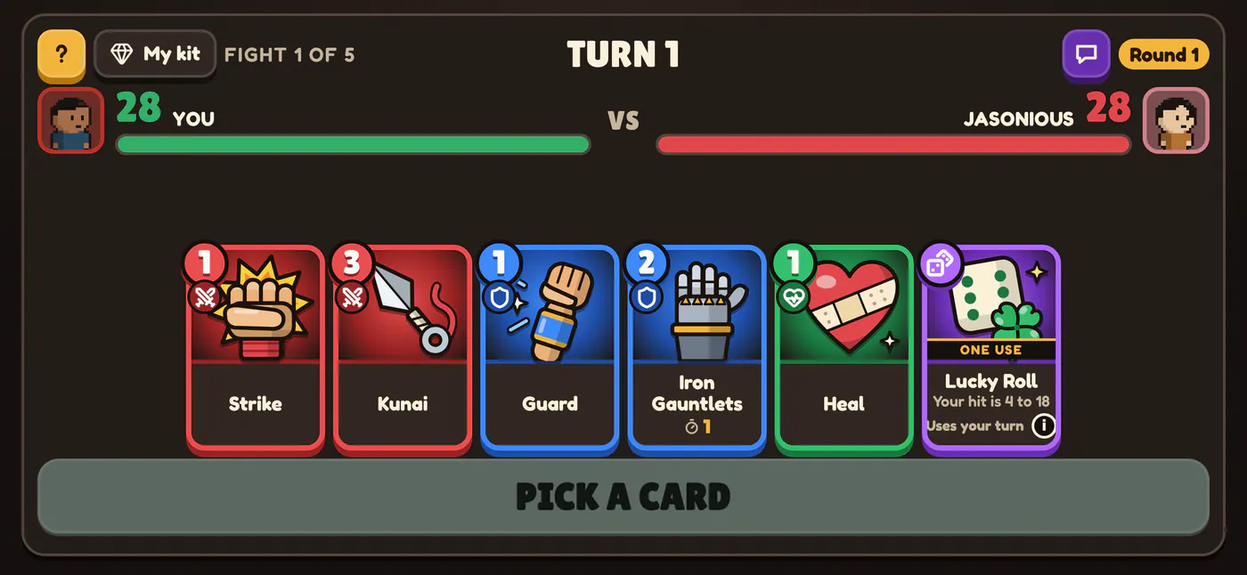 Chiquitos: Ukiyo on a phone held sideways: Pick a card to fight with