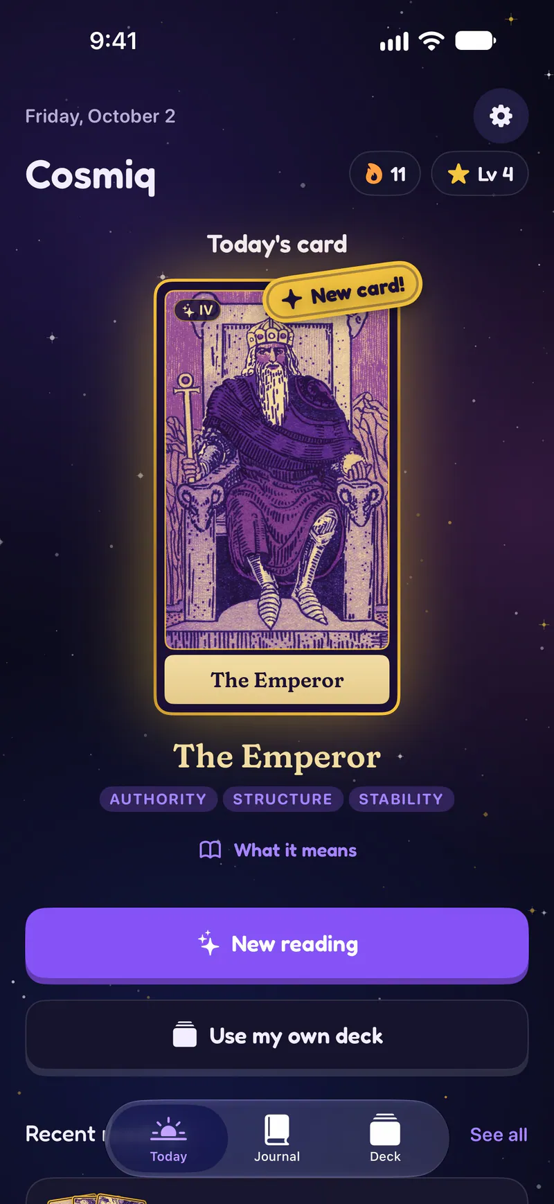 Cosmiq on a phone: Today's card, drawn and explained