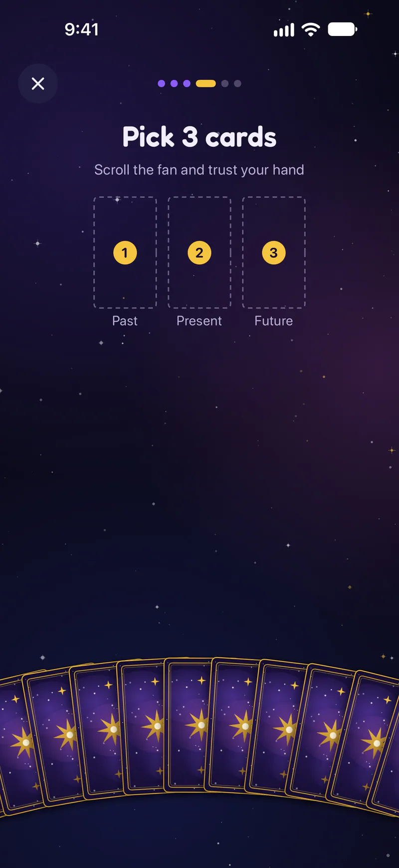 Cosmiq on a phone: Pick three cards from the fan