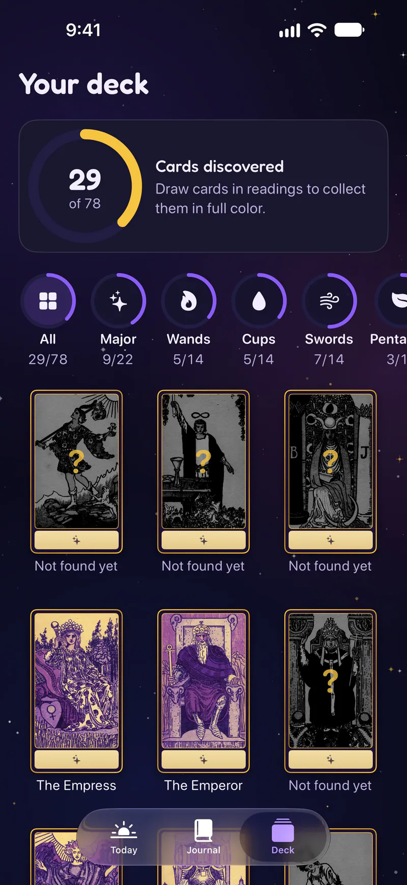 Cosmiq on a phone: Collect all 78 cards as you draw them