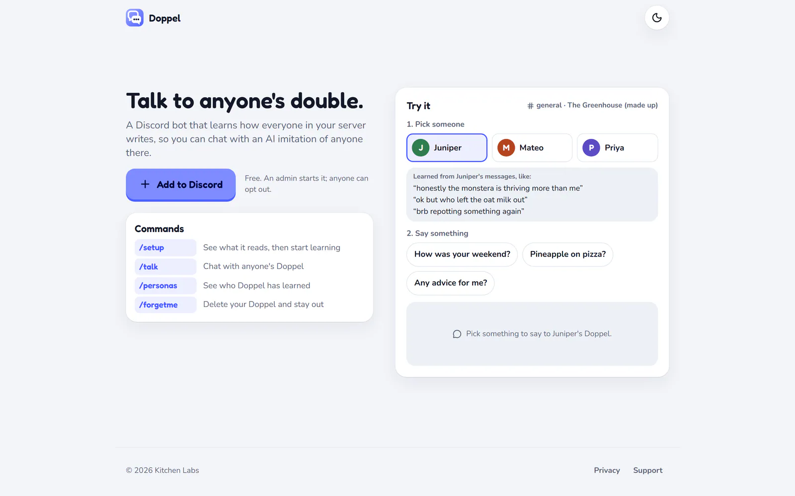 Doppel on a laptop: Add it to Discord; an admin starts it and anyone can opt out
