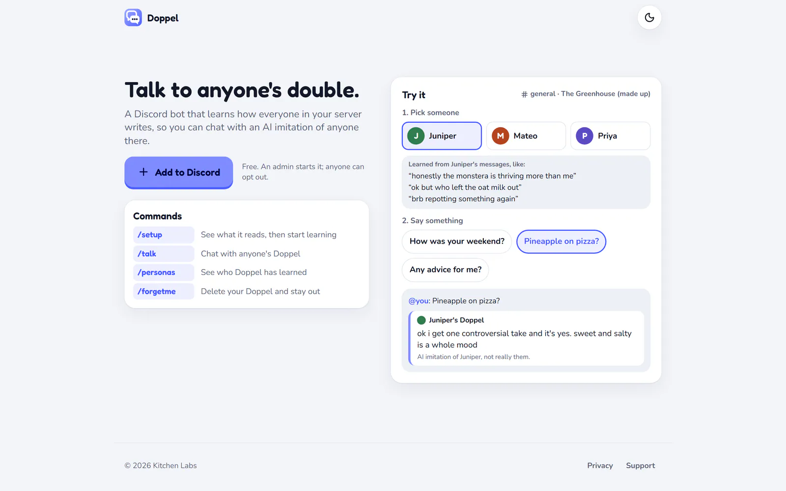 Doppel on a laptop: Pick anyone in the server and their Doppel answers in their style