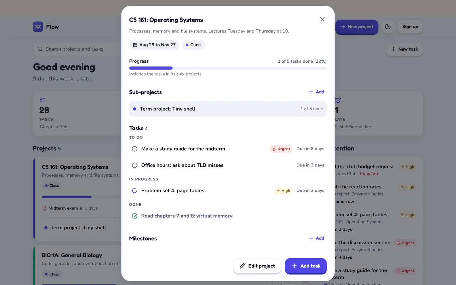 Flow on a laptop: One project and its tasks