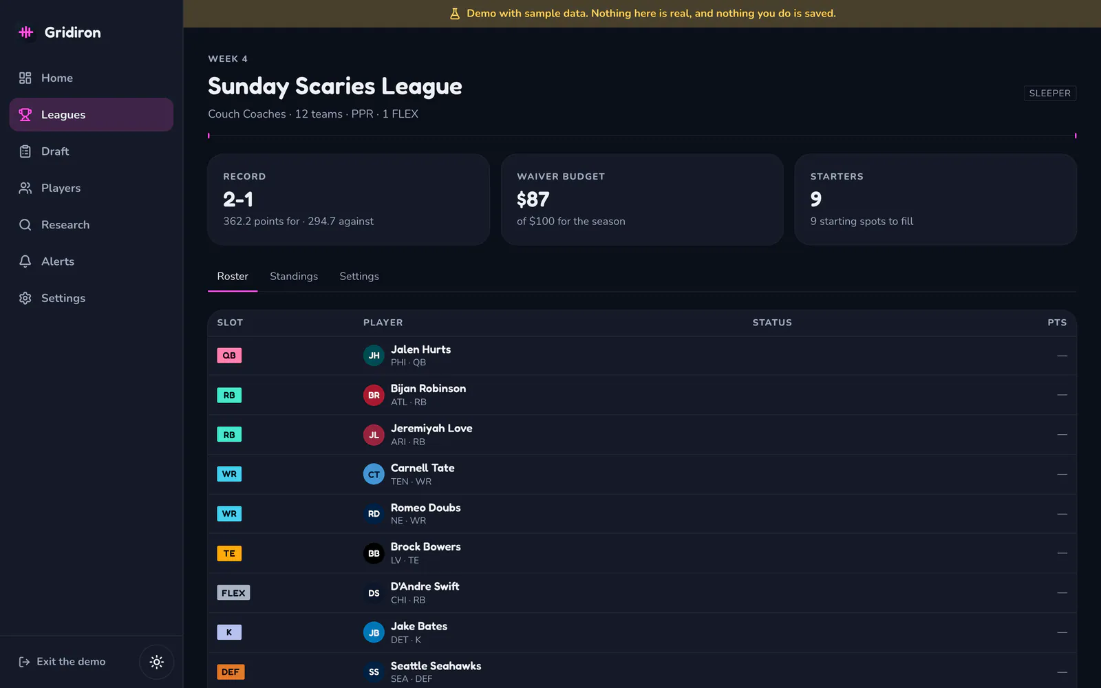 Gridiron on a laptop: Lineup checks for one league