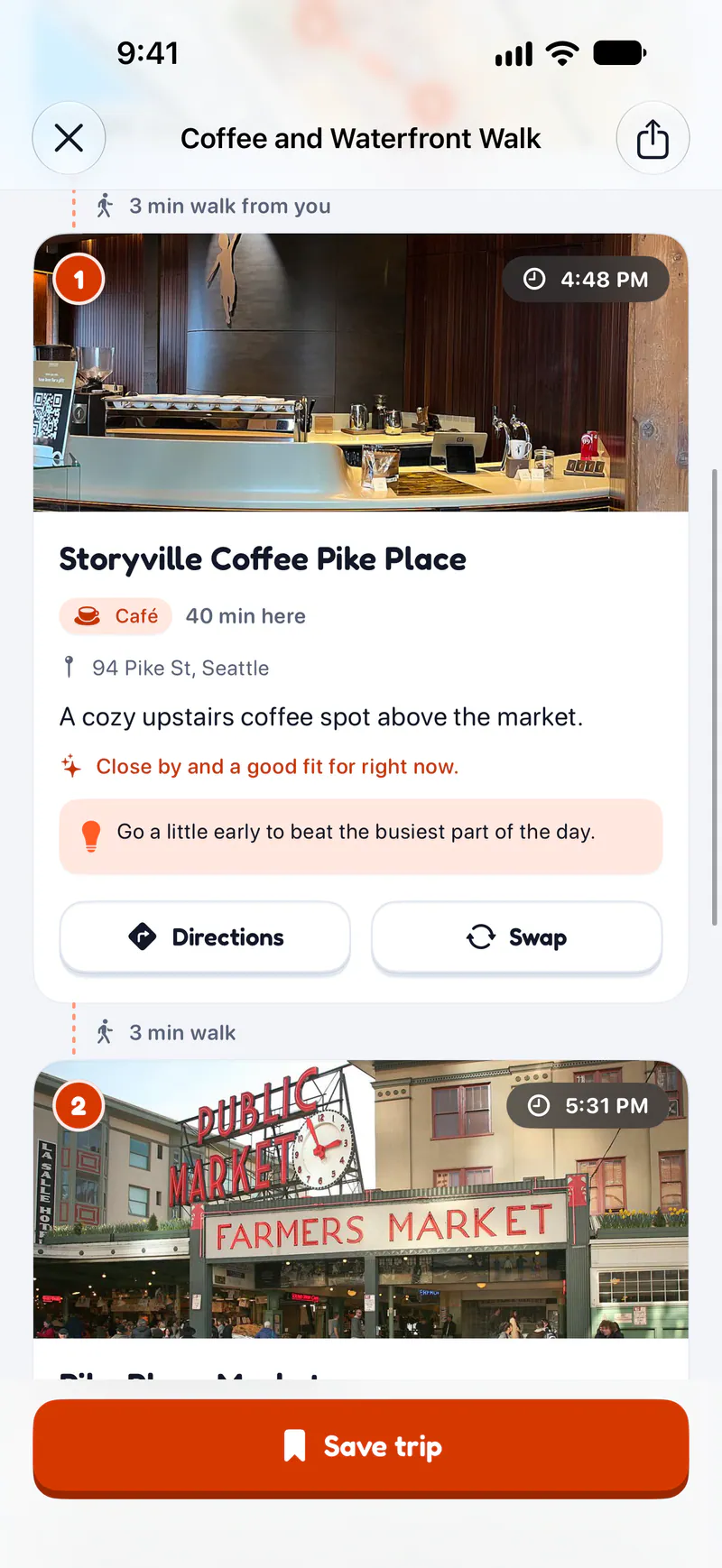 Hanoot on a phone: Every stop with its time and walk