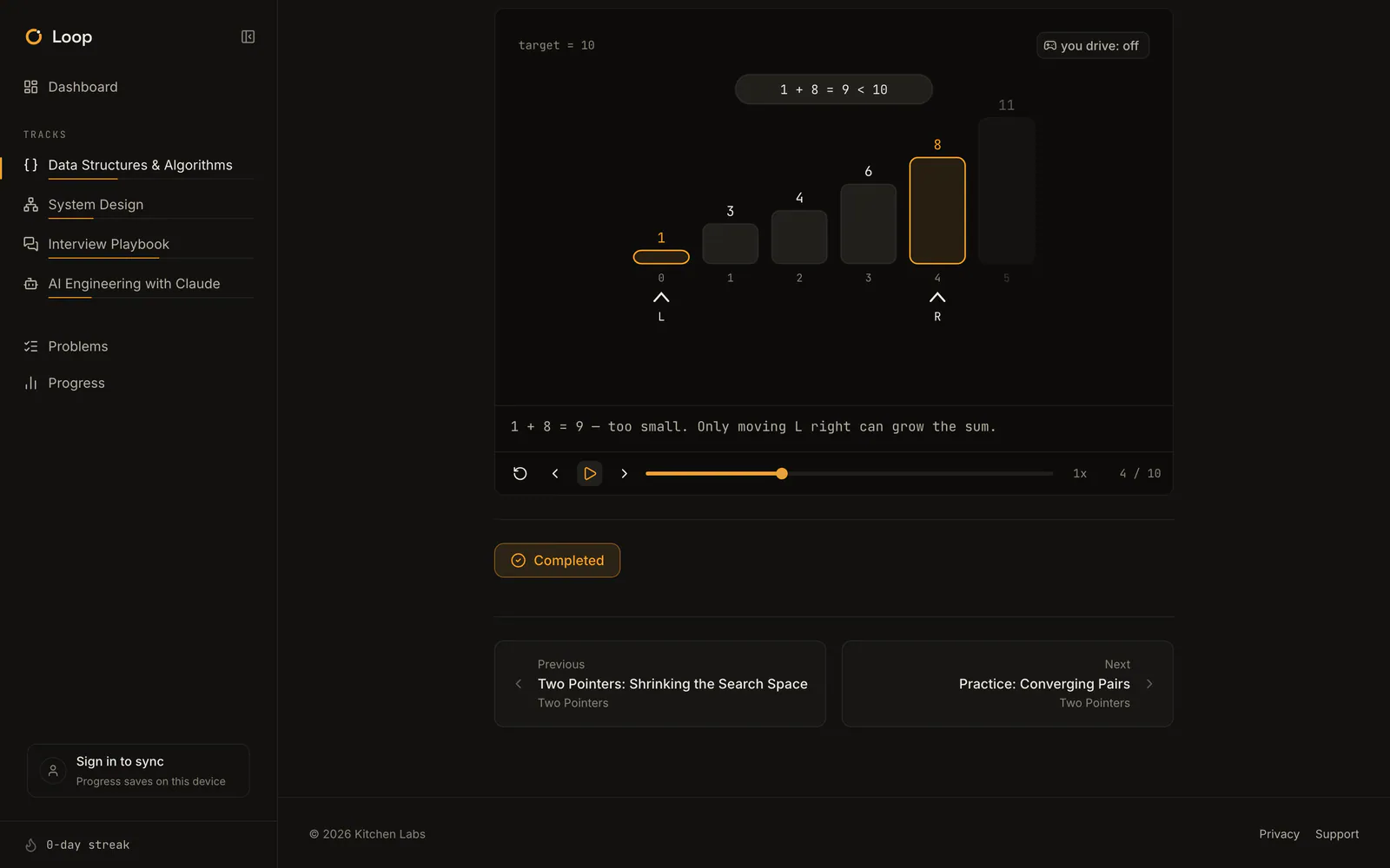 Loop on a laptop: Two pointers, animated step by step