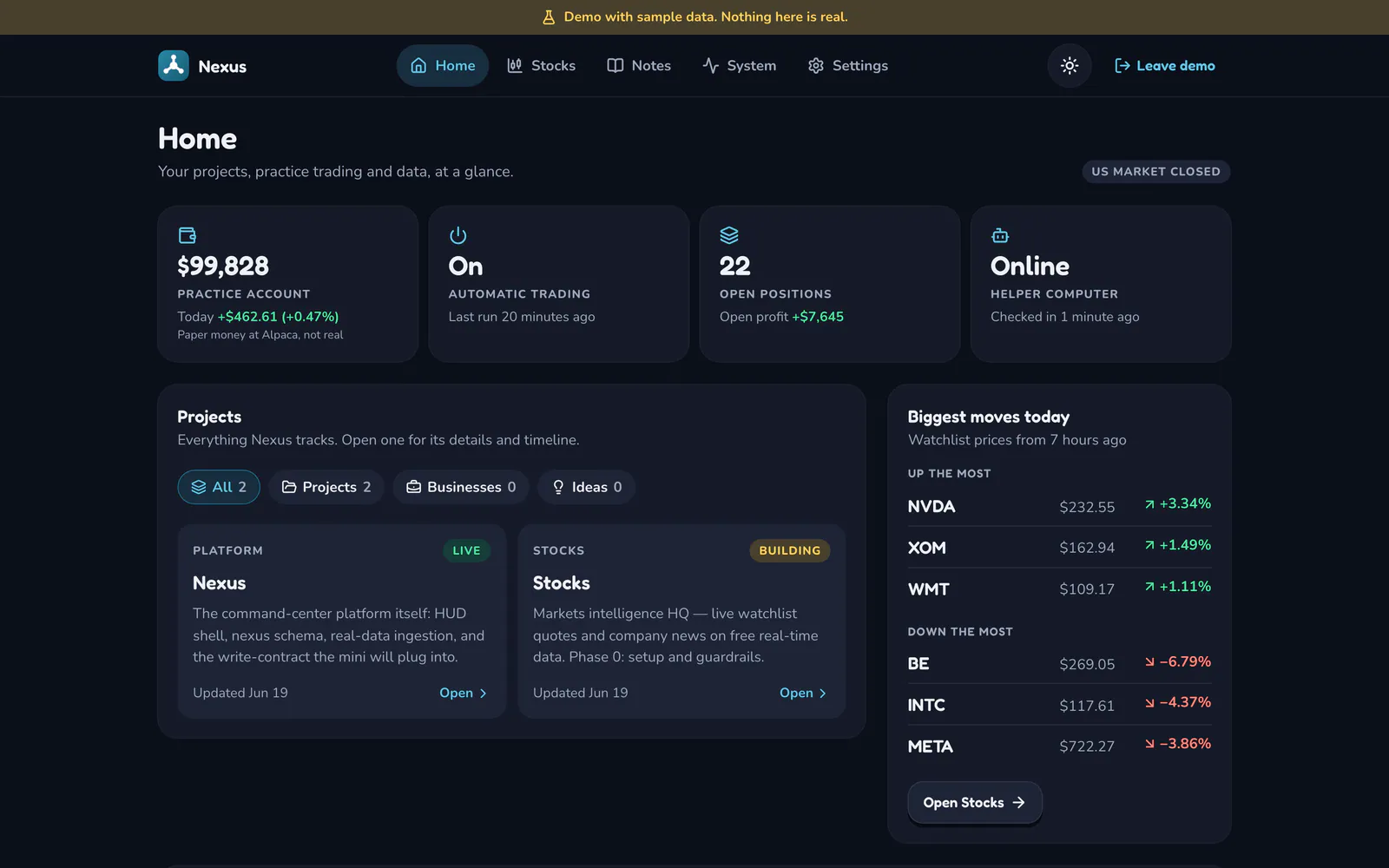 Nexus on a laptop: Projects, notes and markets on one page