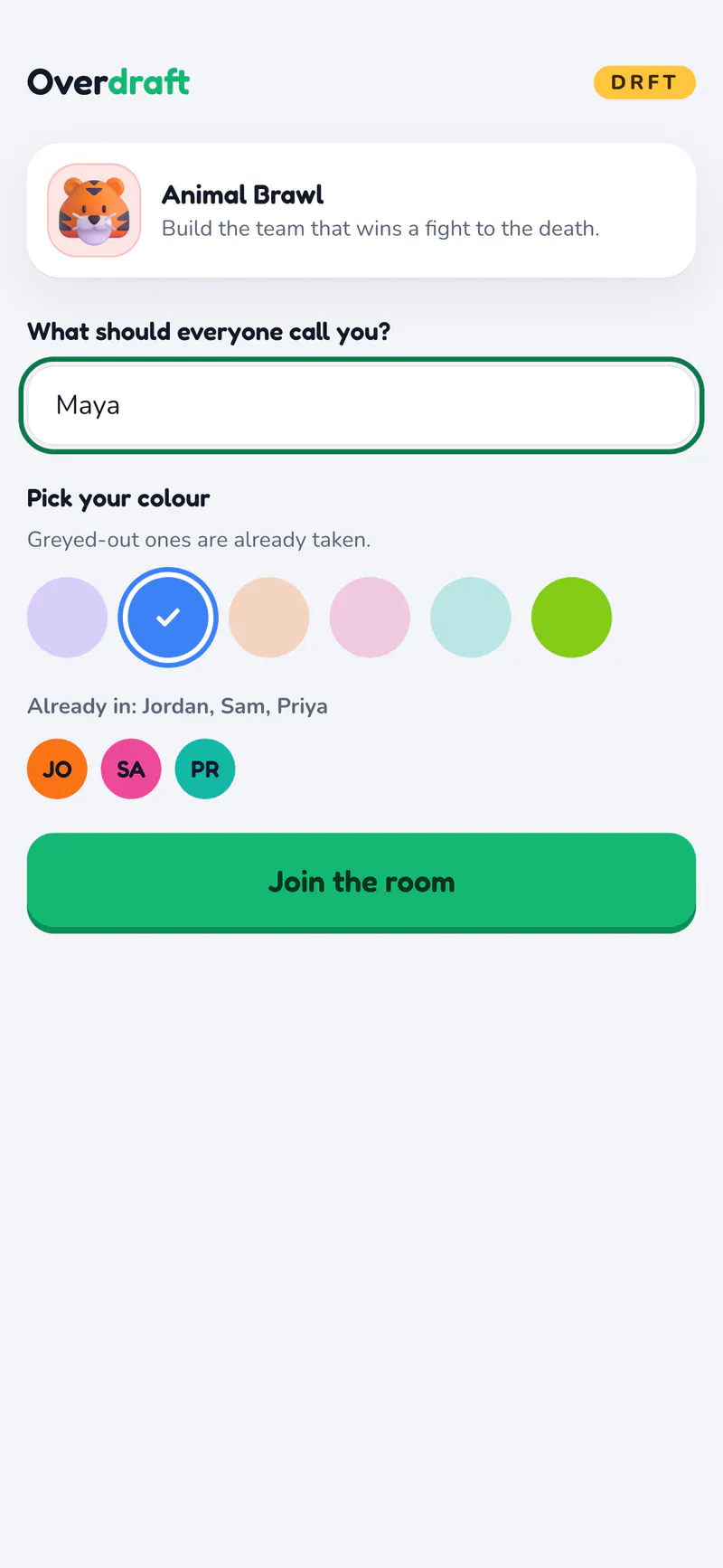 Overdraft on a phone: Pick a name and a colour to join