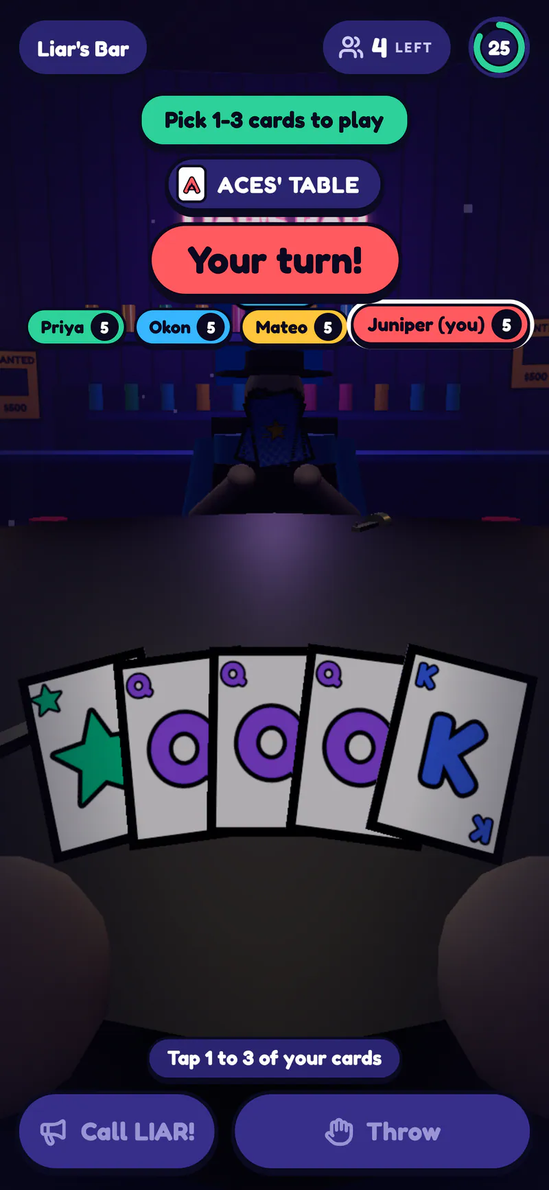Playground on a phone: Liar's Bar: play your cards or call a bluff