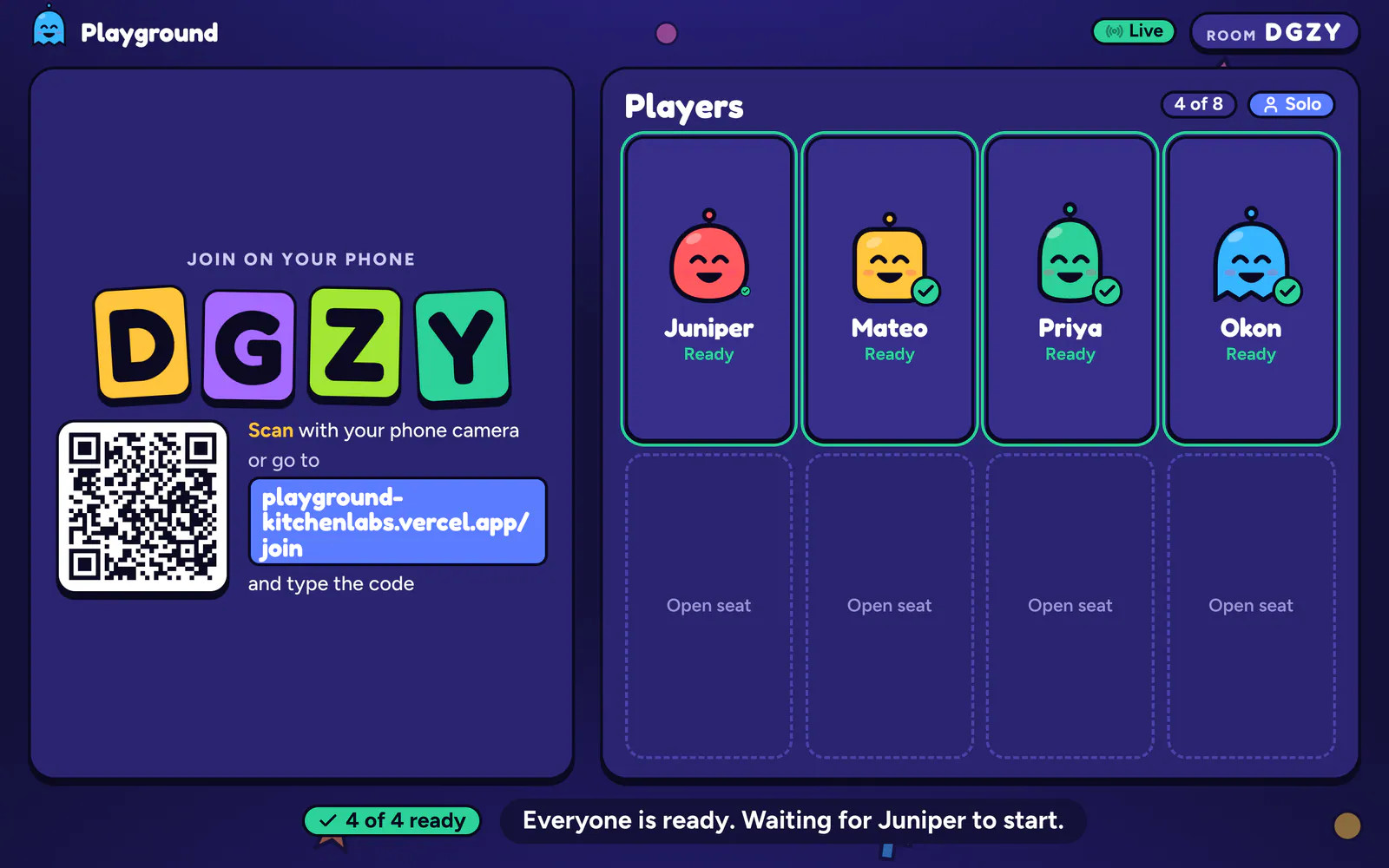 Playground on a laptop: The big screen: friends scan the code to join