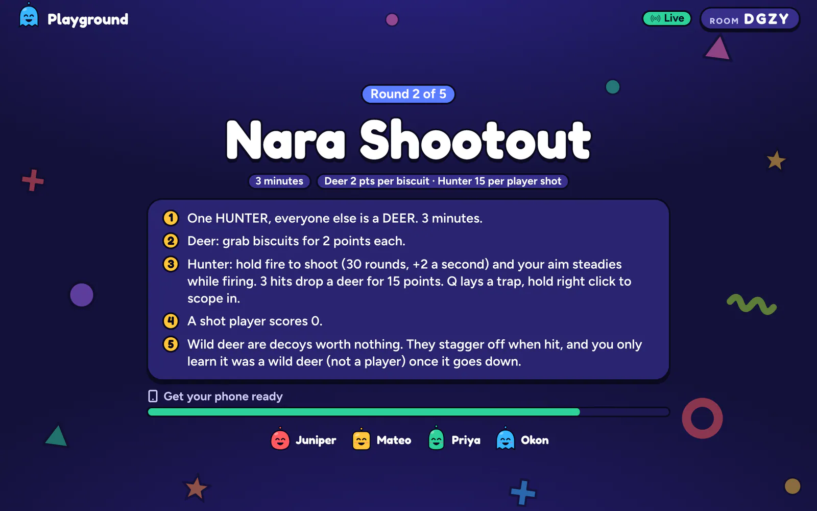 Playground on a laptop: Each round starts with its rules in a few lines
