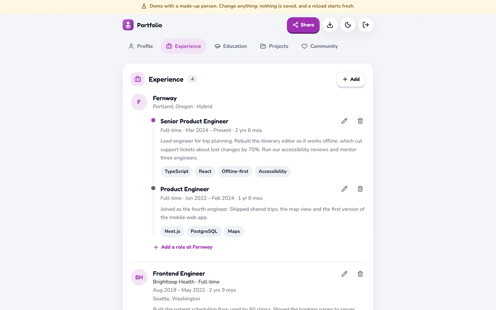 Portfolio on a laptop: Experience, role by role