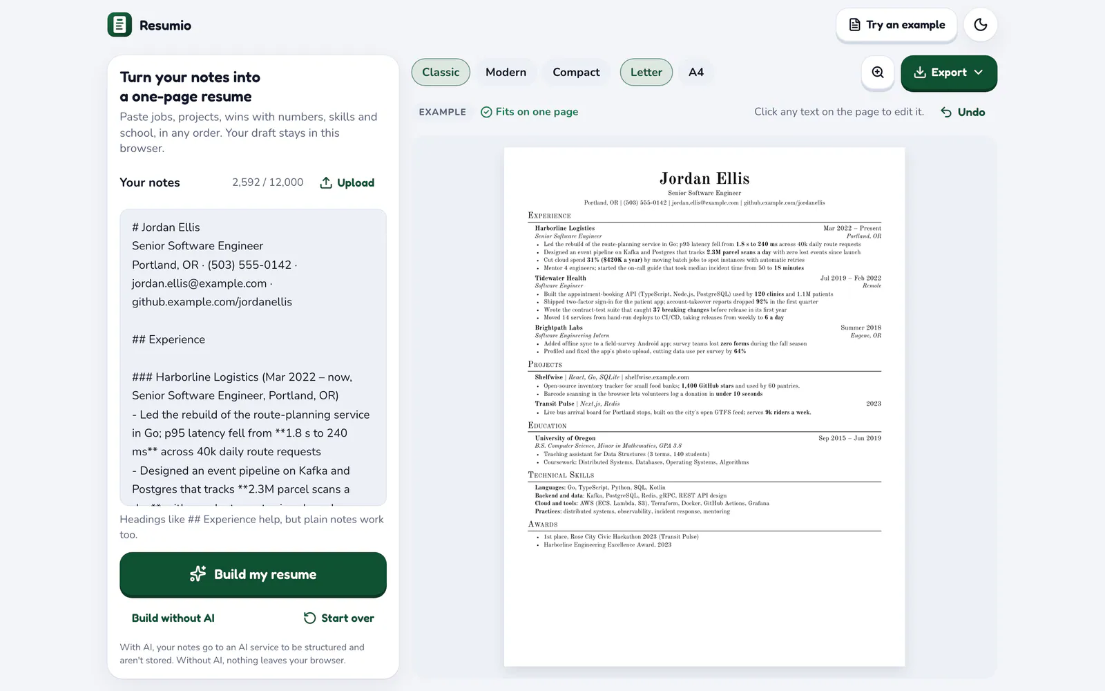 Resumio on a laptop: A clean one-page resume from messy notes