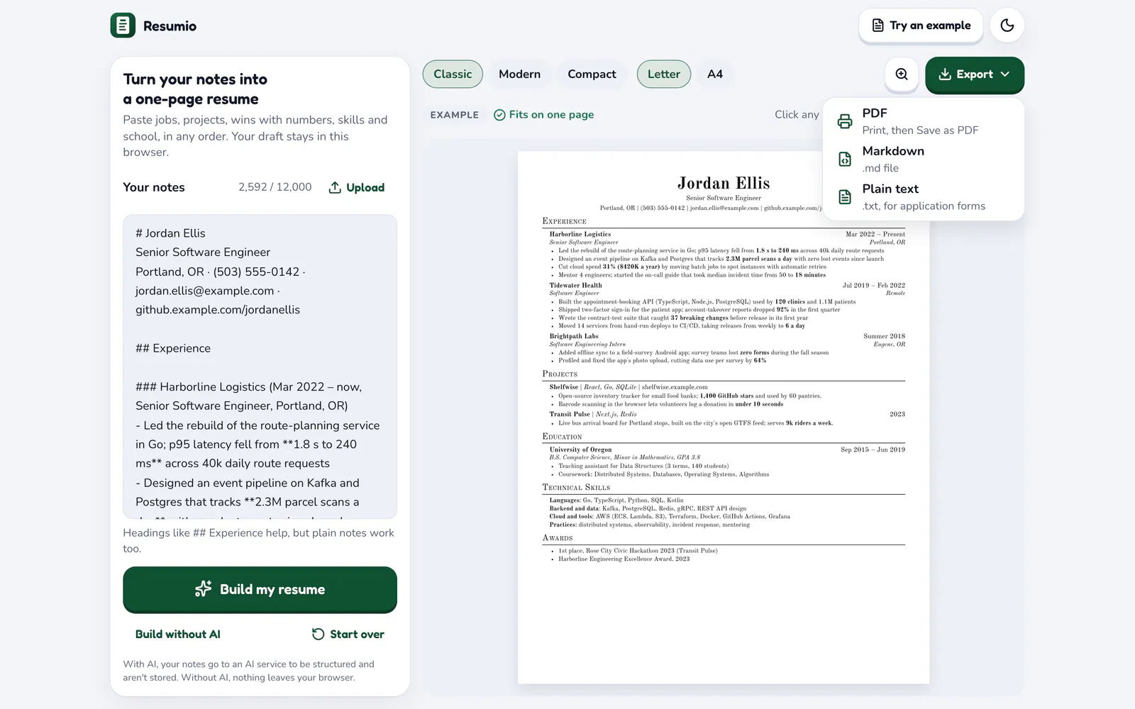 Resumio on a laptop: Export a PDF, Markdown or plain text