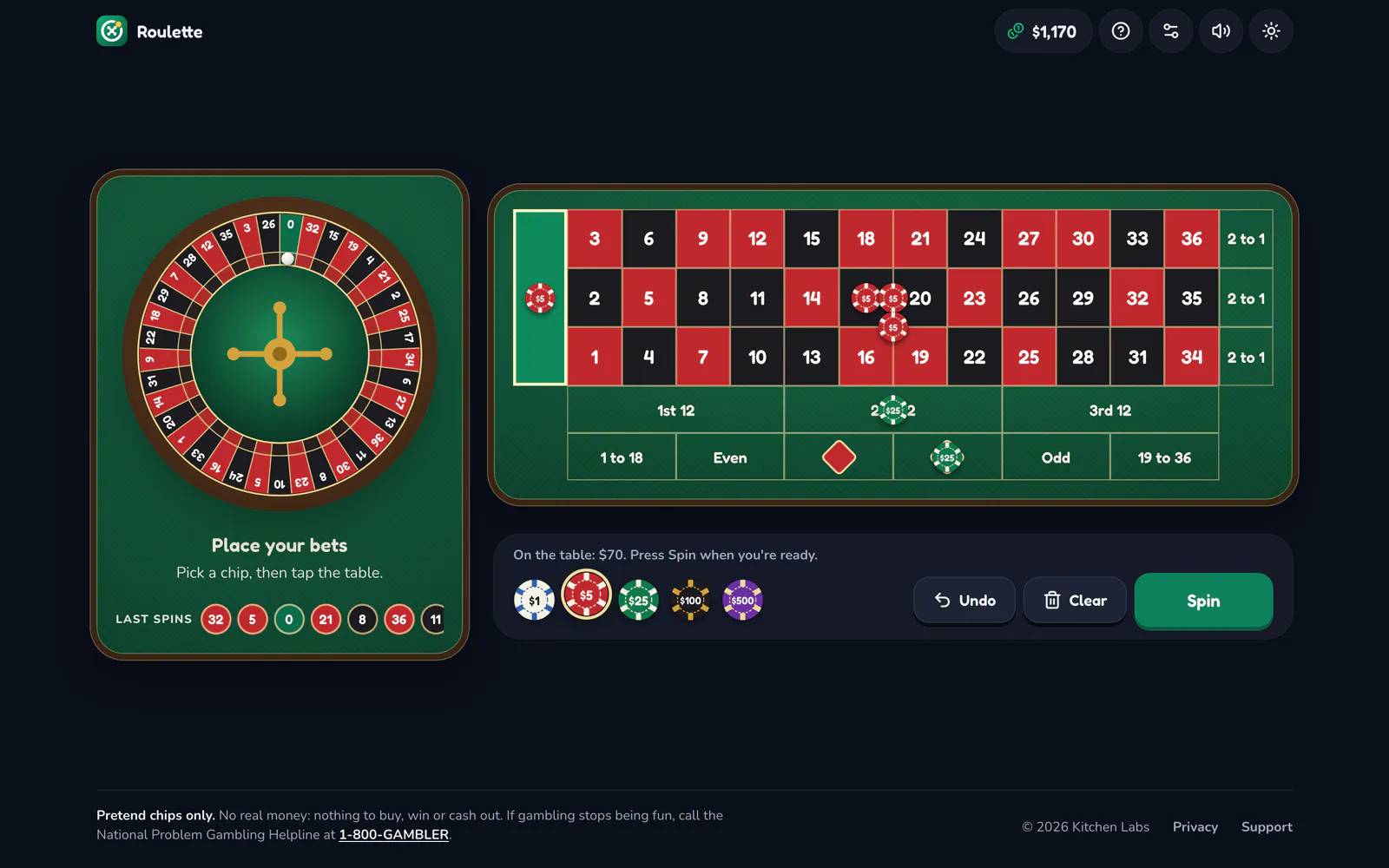 Roulette on a laptop: Chips on the table, ready to spin