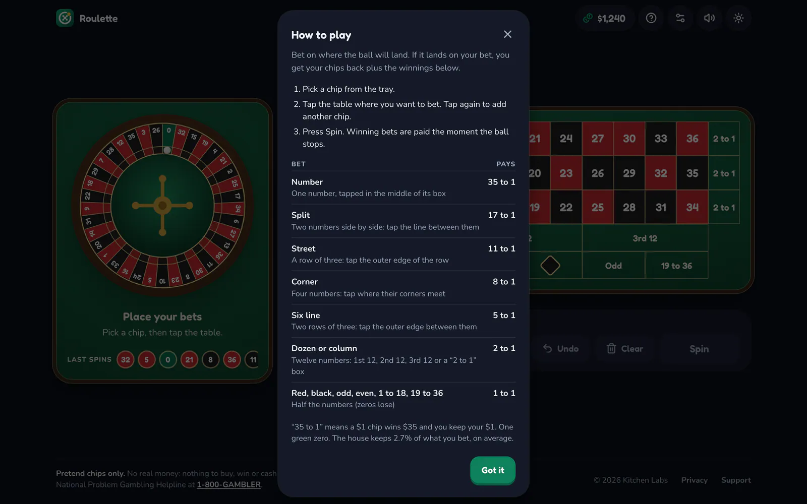 Roulette on a laptop: Every bet and what it pays