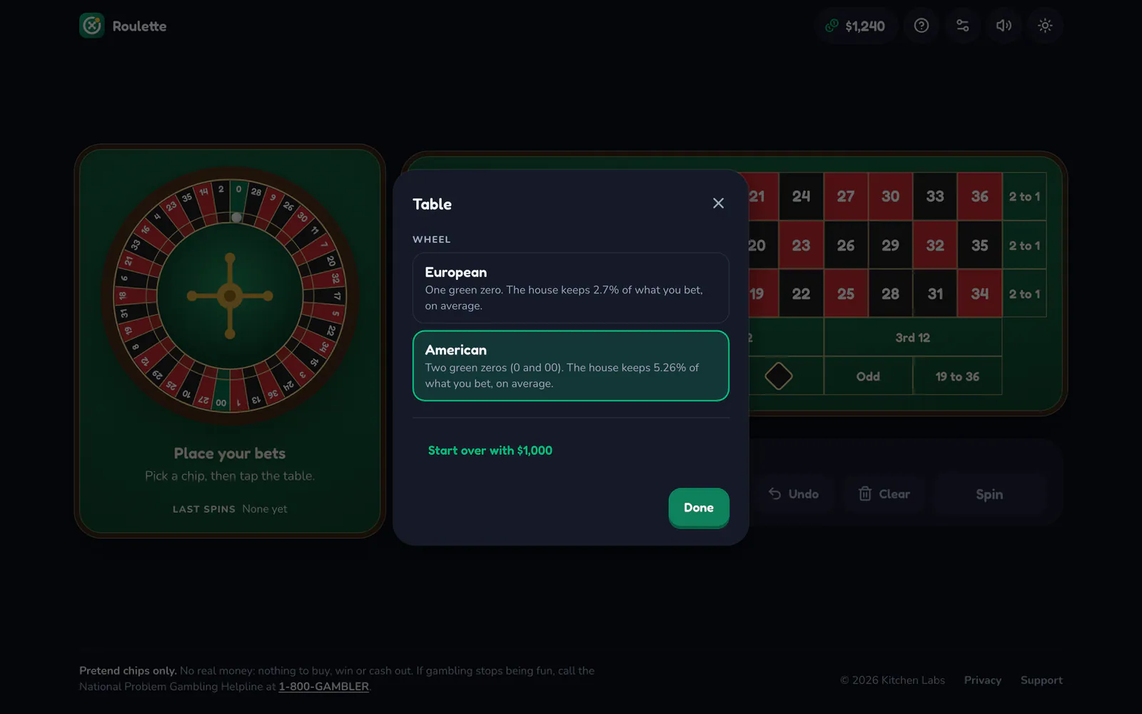 Roulette on a laptop: Switch between European and American wheels
