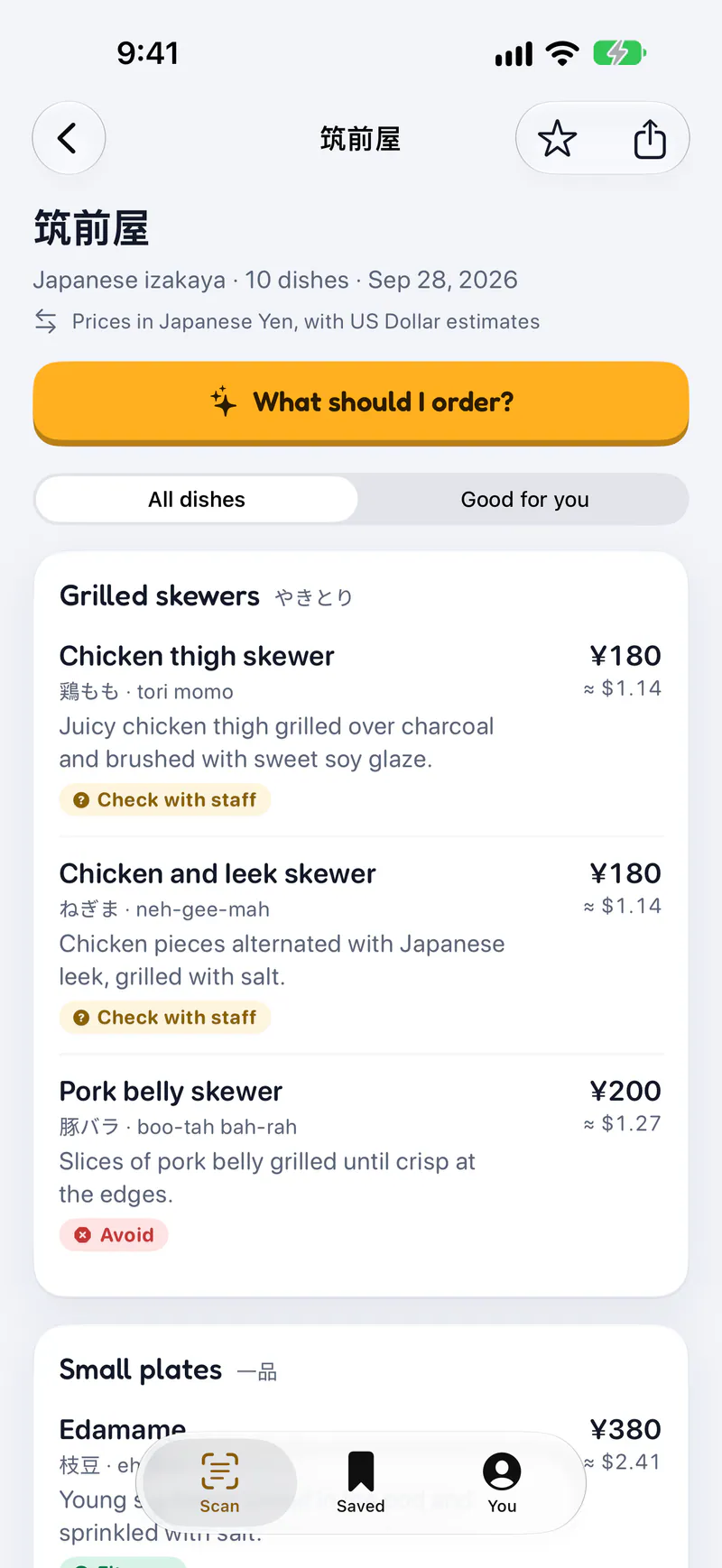 SmartMenu on a phone: A Japanese menu, every dish explained