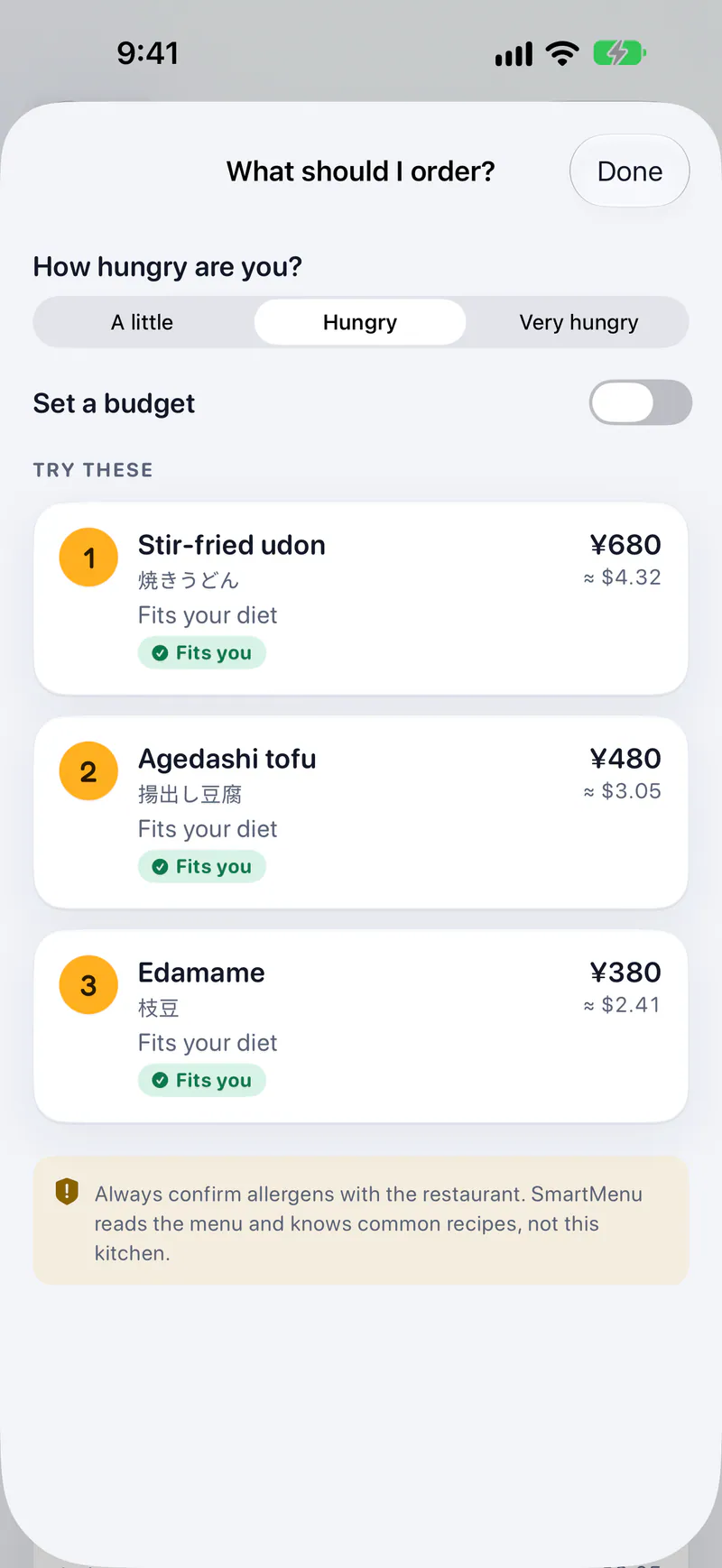 SmartMenu on a phone: What to order for how hungry you are