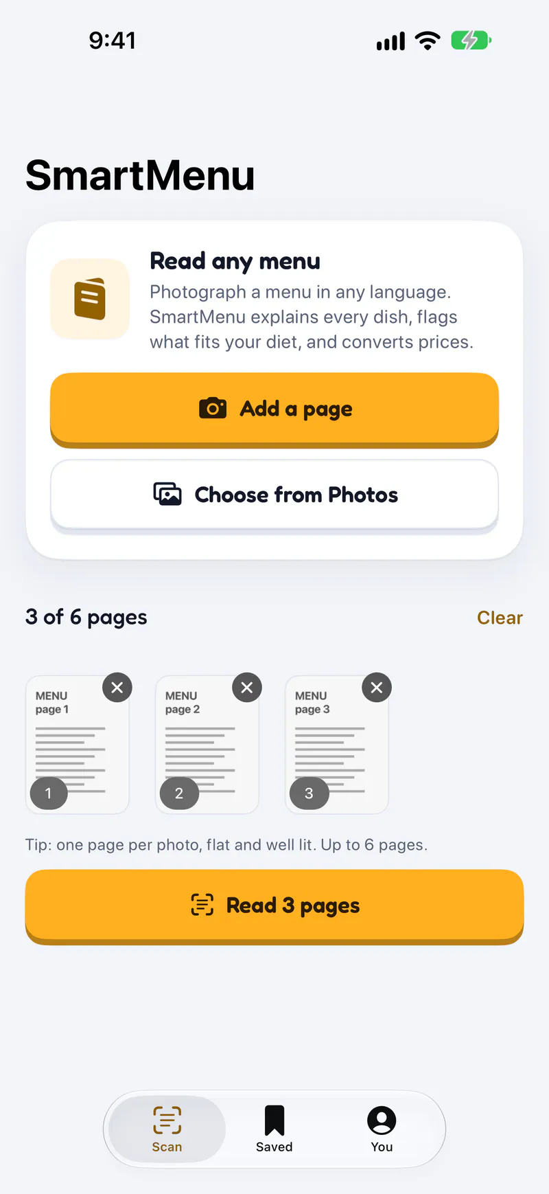 SmartMenu on a phone: Photograph a menu, page by page