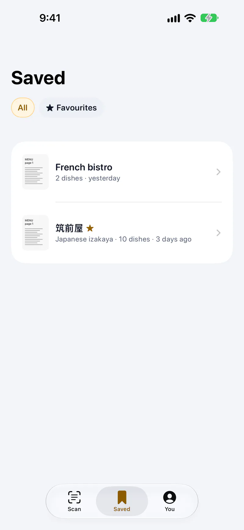 SmartMenu on a phone: Menus you've saved