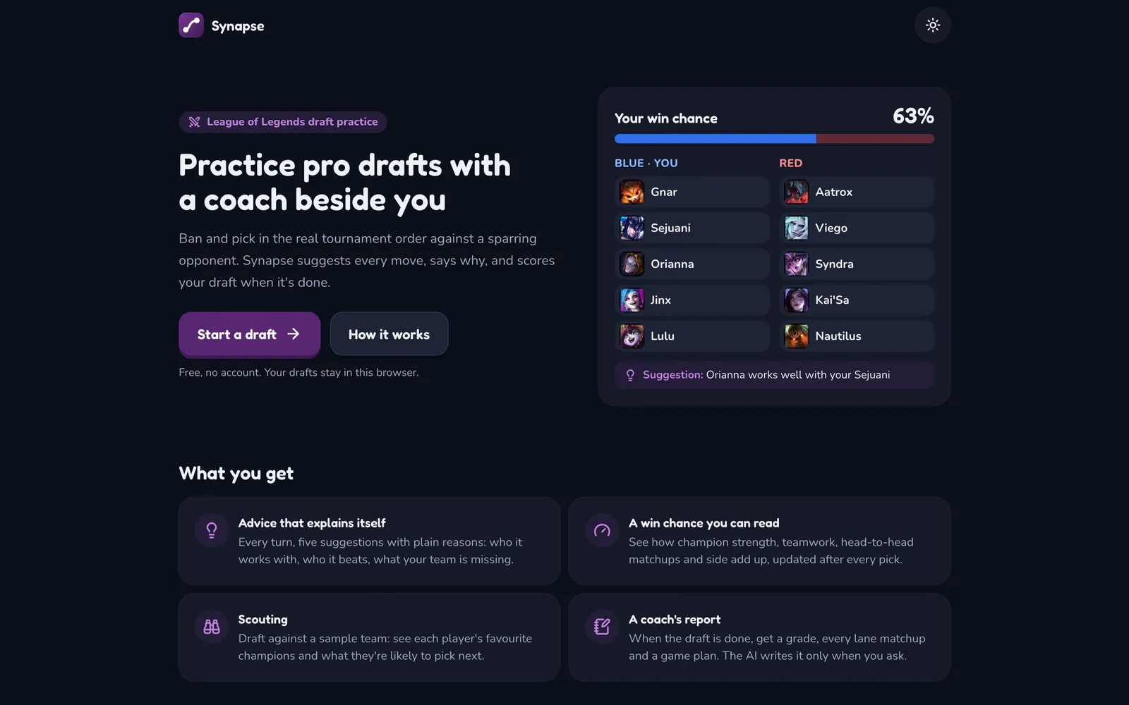 Synapse on a laptop: Practise pro drafts with a coach