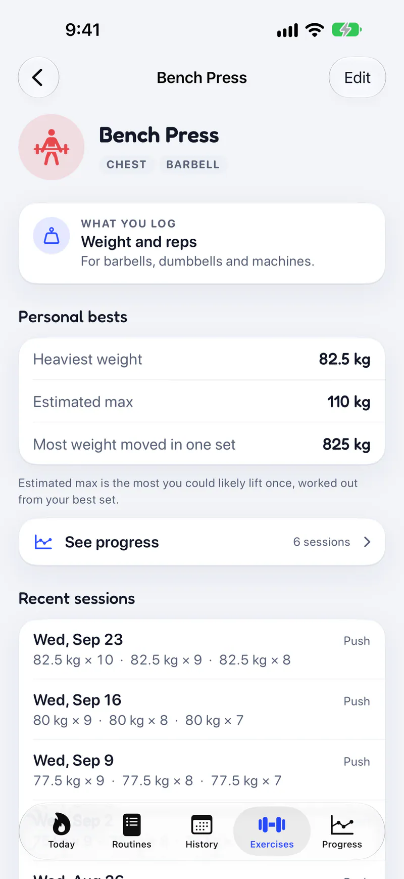 Titan on a phone: Personal bests for each exercise