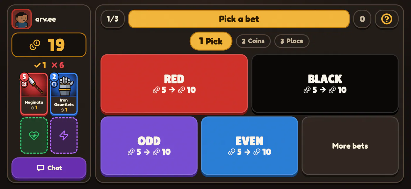 Ukiyo on a phone held sideways: Pick a roulette bet