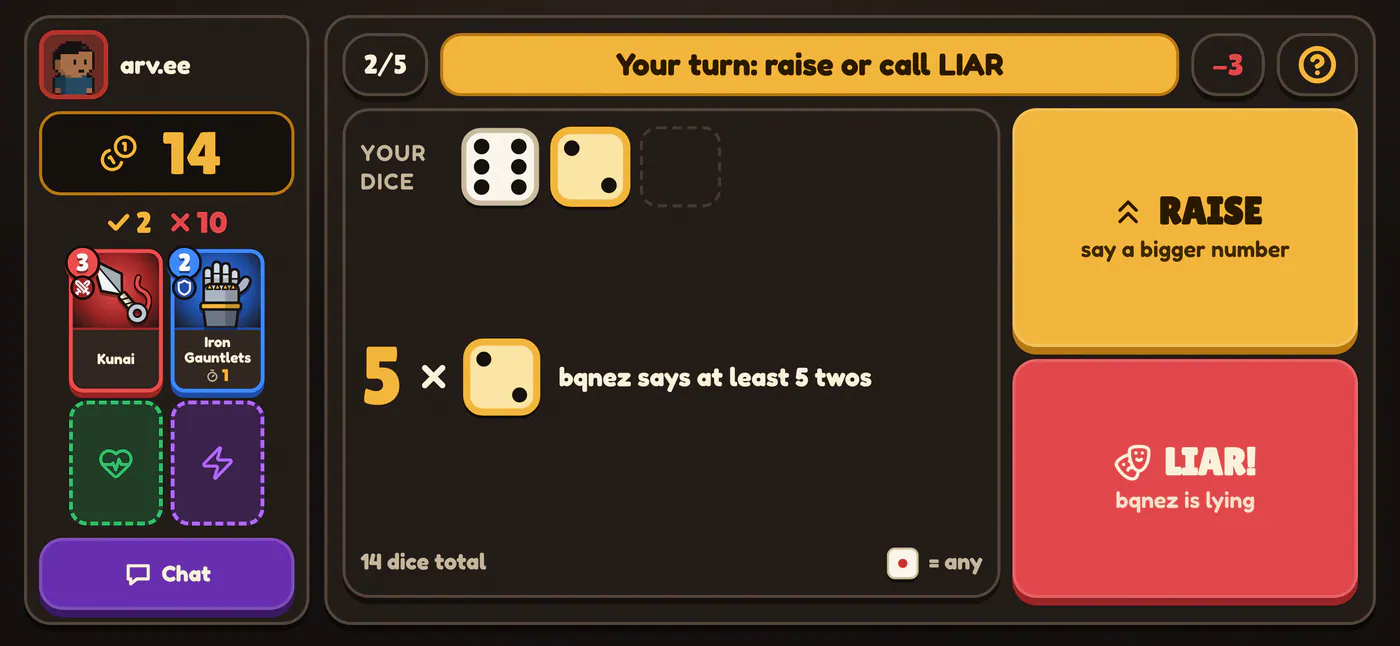 Ukiyo on a phone held sideways: Raise, or call LIAR
