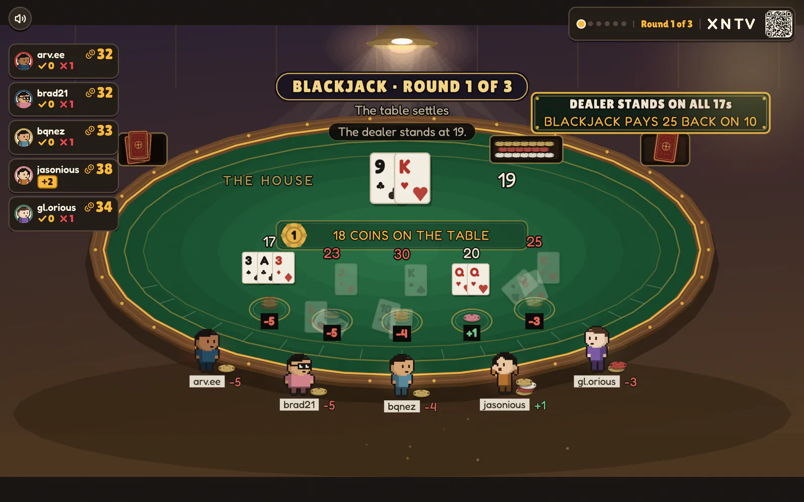 Ukiyo on a laptop: Blackjack on the big screen, everyone's chips on the table
