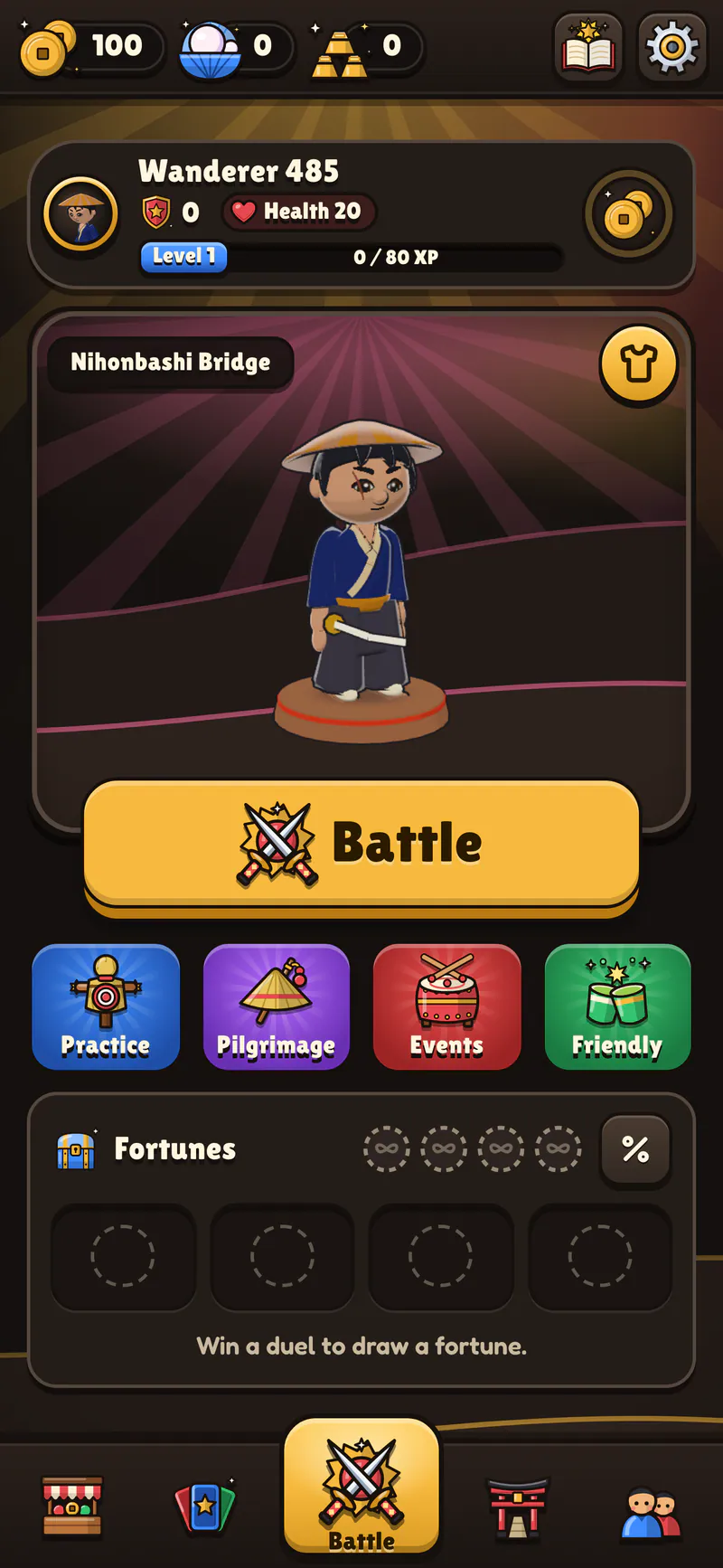 Ukiyo Duels on a phone: Battle sits in the middle tab