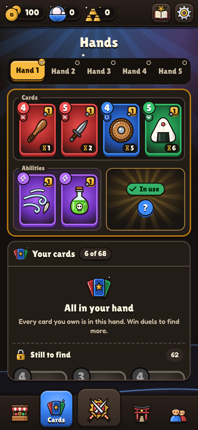 Ukiyo Duels on a phone: Your hands and cards