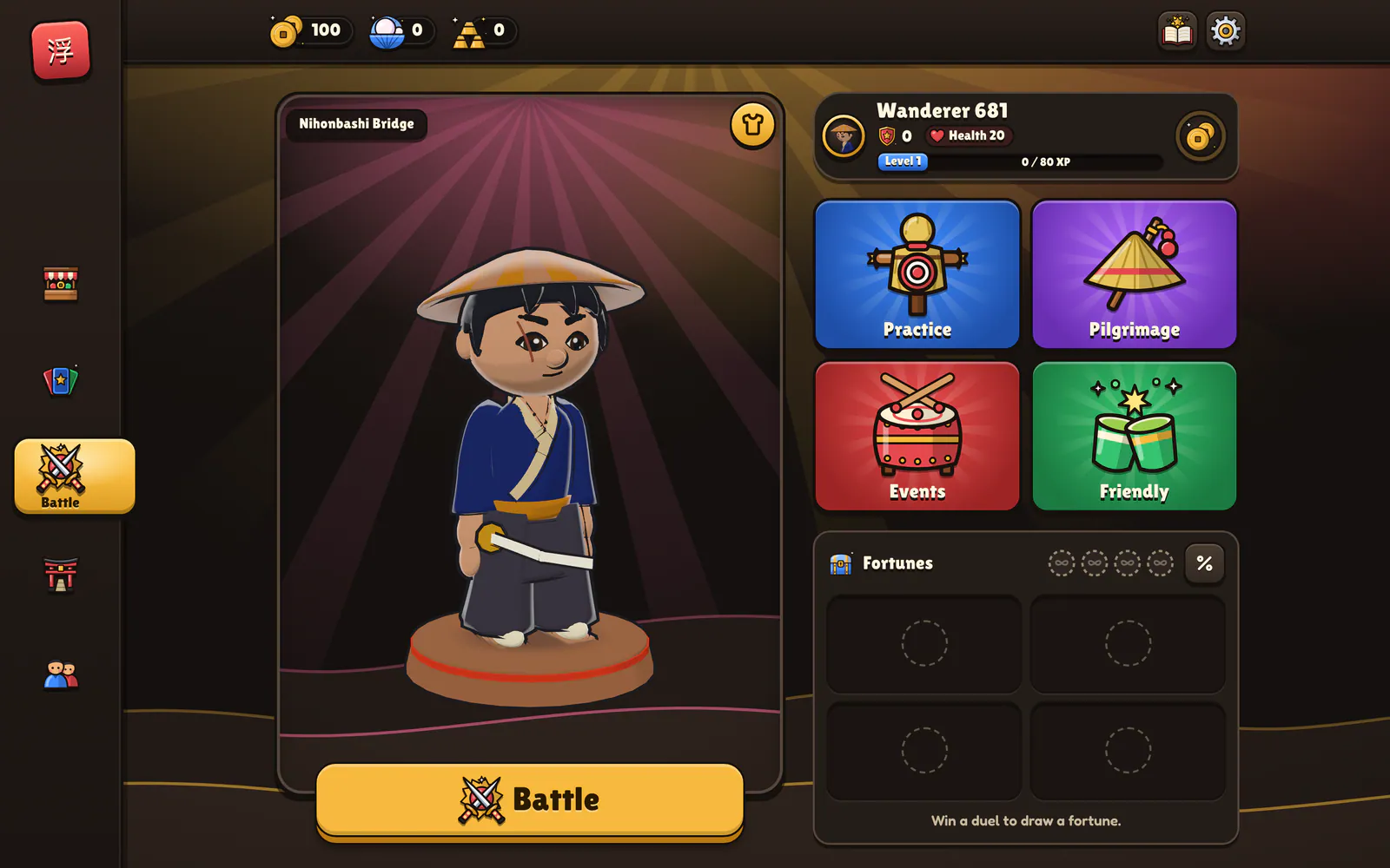 Ukiyo Duels on a laptop: Your fighter, the Battle button and every mode