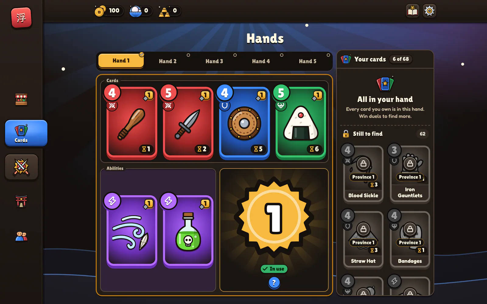 Ukiyo Duels on a laptop: Build a hand of four cards and two abilities