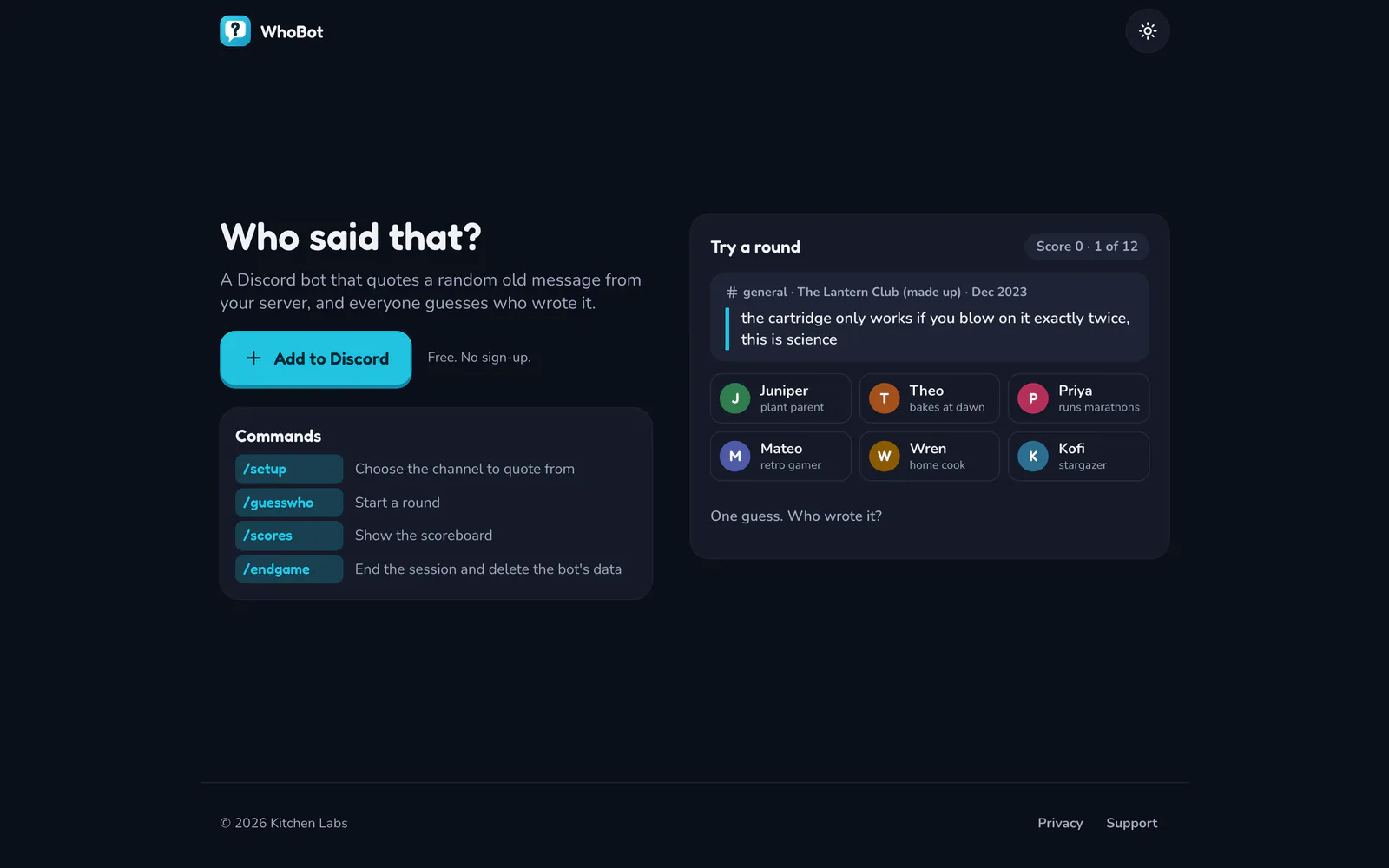 WhoBot on a laptop: Who said that? A guessing game for your Discord server